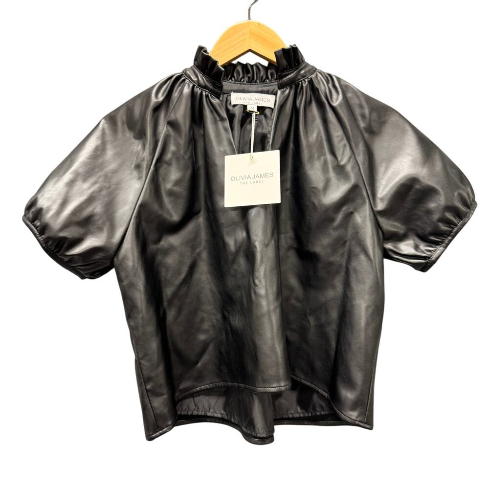 Olivia James The Label Blouse Womens Medium Black Faux Leather Elizabeth NEW